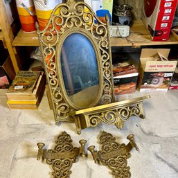 Vintage Decorative Painted Resin Mirror With Wall Candles And Ledge, 1969, DART IND (bsmt)