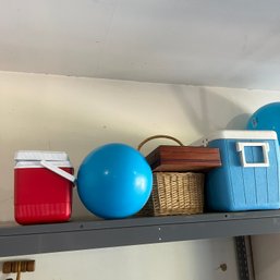 Shelf Lot: Coolers, Balls, Basket And Silverware Storage Box (garage)