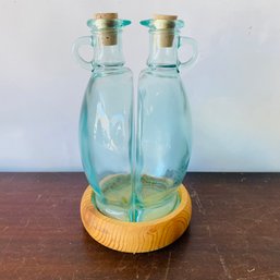 Glass Bottles With Corks And Wooden Holder
