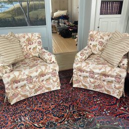 Beautiful Pair Of Matching Floral Armchairs With Gold Accent Pillows -SEE NOTES- (LR)