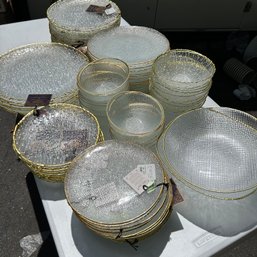 HUGE LOT Of Decorative Turkish Dinnerware, Gold Rimmed, Textured Glass, NWT, Beautiful Hosting Set