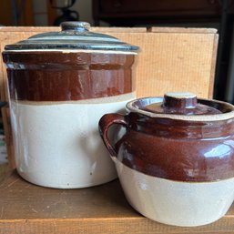 Pair Of Vintage Ceramic Glazed Crocks, 1 Gallon Crock And Smaller Bean Pot, Plus Cookie Cutters! (Lroom)
