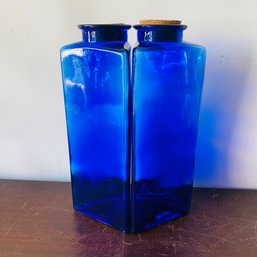 Pair Of Cobalt Blue Glass Triangular Bottles With Corks