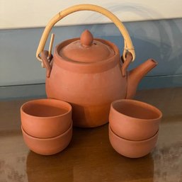 Asian Clay And Bamboo Handle Tea Pot & Cup Set