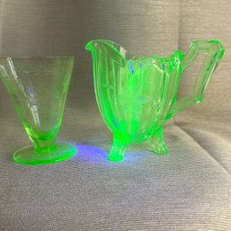 Vintage URANIUM GLASS Etched Small Pitcher And Glass (BT)