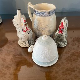Vintage Dining Lot Painted Roosters Salt & Pepper Shakers, Lladro Porcelain Bell & Pitcher (Living Room)
