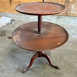 Vintage Double Tier Wooden Round Pedestal Table (garage 1)