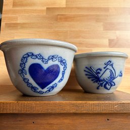 Pair Of Salmon Falls Stoneware Bowls, Blue Glaze Heart & Rooster (LRoom)