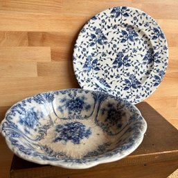 Vintage Blue Floral Porcelain Bowl & Blue Ironstone Plate (LRoom)