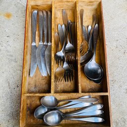 Stainless Steel Silverware Lot With Wooden Painted Organizer (Loc: Left Table Floor)