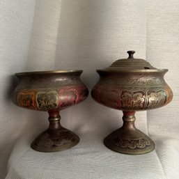 Pair Of Vintage Ornate Metal Footed Dishes, One With Lid (BT)