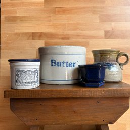 Set Of Four Vintage Ceramic Pieces, Stoneware Butter Crock, Artist Signed Ceramic Vase, Mini Planter, & Jar