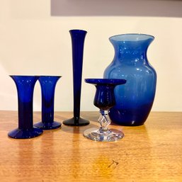 Stunning Vintage COBALT BLUE Glass Vase Collection - 6 Pieces (BSMT)