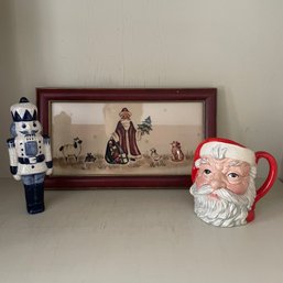 Decorative Christmas Lot Porcelein Toy Soldier, Santa Mug, Christmas Framed Art (Attic)