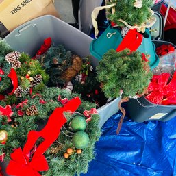 Mixed Lot Of Faux Christmas Wreaths, Bows, Kissing Balls & Tree Stand (Garage)