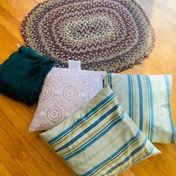 3 Pillows, Soft Throw Blanket & Braided Rug (LR)