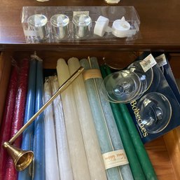 Small Drawer Lot Of Taper Candles And Candle Accessories, Brass Candle Snuffer (Dining Room)