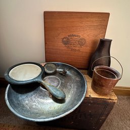 Miscellaneous Vintage Lot Including Cigar Box, Hand Mirror, Small Wooden Bucket, And More  (BT)
