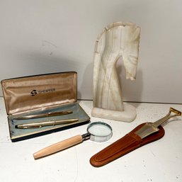 Vintage Desk Pieces: Marble Horse Bookend, Sheaffer Pen Set, Letter Opener, Magnifying Glass (BSMT)