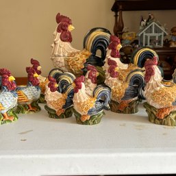 HUGE Ceramic Rooster Lot: Vintage JAY IMPORT Lidded Roosters, Salt & Pepper, Candlesticks, Etc (LRoom)