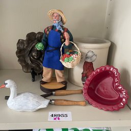 Country Kitchen Decorative Lot - Crock, Farmer Figurine, Swan, Floral Plaque, Primitve Hot Iron (Attic)