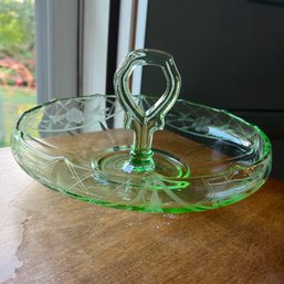 Green Glass Tray And Candlestick Holder (KM8)