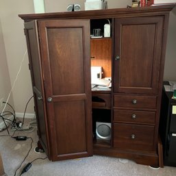 Wooden Computer Desk Armoire, W/ Folding Doors, Sliding Trays, Integrated Power Strip, And Multi Storage (OFI)