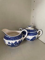 Asian Motif Blue Willow Porcelain Cream & Sugar Set (Attic)