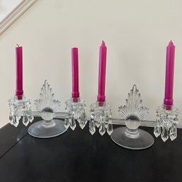 Stunning Pair Of Vintage Glass Candle Holders With Hanging Crystals (DR)