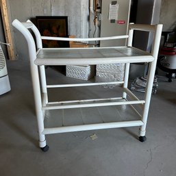 Vintage White And Glass Rolling Cart (Basement)