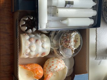 Lot Of Seashell Theme Decor Candles, Sand Dollars & Candles (Attic)