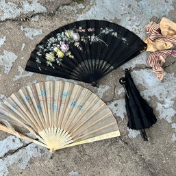 Pair Of Vintage Hand Fans Plus Charming Lace Umbrella & Ladies Stockings