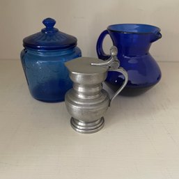 Cobalt Bue Glass Pitcher, Jar & Pewter Piece (Attic)