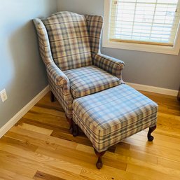 Plaid Cloth Winged Armchair With Matching Ottoman (Master Bedroom)