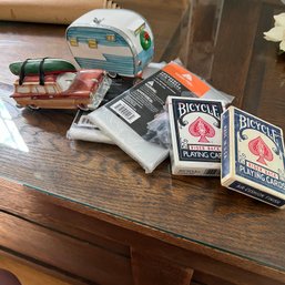 Dept. 56 Camper And Car With Kayak Ornaments, Ponchos And Playing Cards (LR)