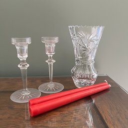 Crystal Vase And Glass Candlestick Holders With Candles (LR)