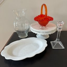 Assortment Of Vintage Glassware Including Hobnail Basket & Cake Stand (DR)