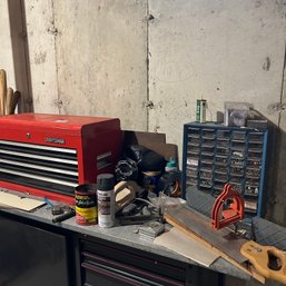 CRAFTSMAN Red Tool Storage Box, Blue Hardware Storage Box, And Other Tabletop Contents (DOES NOT INCLUDE BENCH