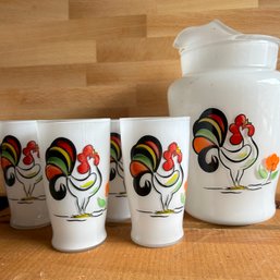 GORGEOUS Vintage Rooster Pitcher With Four Glasses (LRoom)