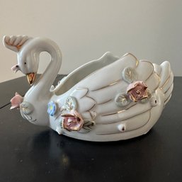 Vintage Porcelain Floral Swan Dish (DR)
