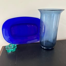 Blue Glass Vase & Platter With Teal Glass Flower (DR)