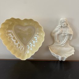 Vintage Belleek Heart-Shaped Dish & Holy Water Font (DR)