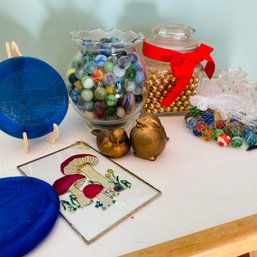 Mixed Lot Of Glass Marbles & Candle Holders, Bennington NH Blue Glass & More (LR In Bag)