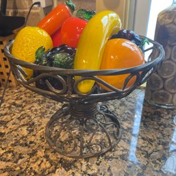 Bright & Festive Set Of Faux Glass Fruits & Veggies In Black Metal Basket (Kitchen)