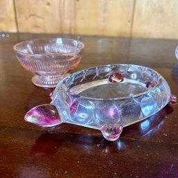 Vintage Glass Turtle Shaped Trinket Dish With Pink Small Footed Glass Bowl (garageUP)