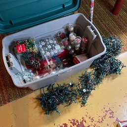 Bin Lot Of Christmas Ornaments, Lights, Ribbons, Wrapping Paper, Linens, And More! (Basement 2)