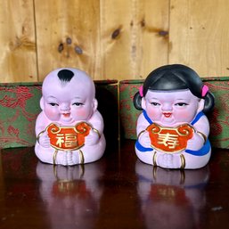 Pair Of Chinese Clay Figurines In Boxes 'Blessing' And 'longevity' (RL)