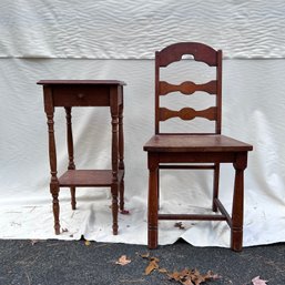 Vintage Farmhouse Furniture Duo: Wooden Chair With Tall Side Table (garage)