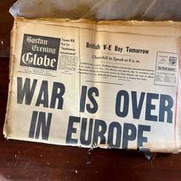 Vintage Newspaper: Boston Evening Globe Monday May 7, 1945 V DAY WAR IS OVER (garageUP)