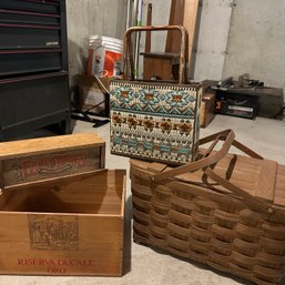 Cute Lot Of Vintage Wooden Boxes, Picnic Basket, And Needlepoint Purse (Basement)